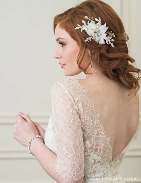 COMB WITH ORGANZA /METAL FLWS/LACE LEAVES wedding gown at Bellissima Bridal
