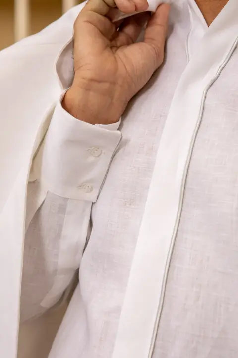 Men’s Mao Shirt with Gray Satin Trim wedding gown at Bellissima Bridal